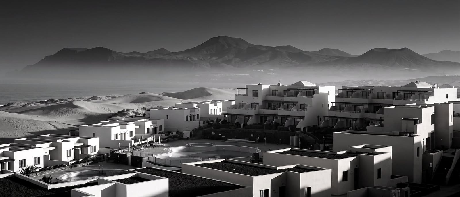Complejo vacacional de arquitectura baja entre dunas y montañas volcánicas